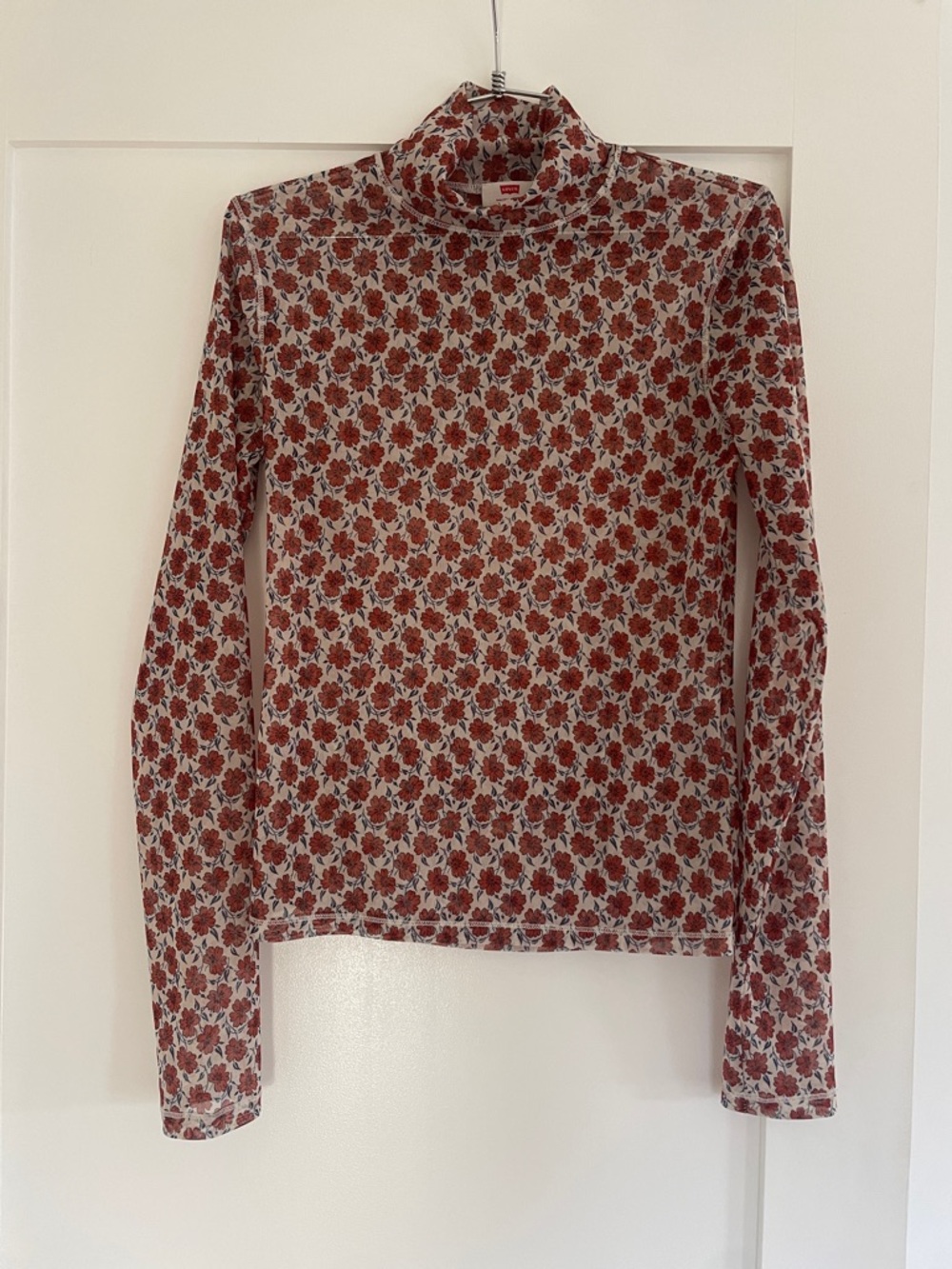 Levi's Red Floral Mesh Turtleneck Long Sleeve Top
